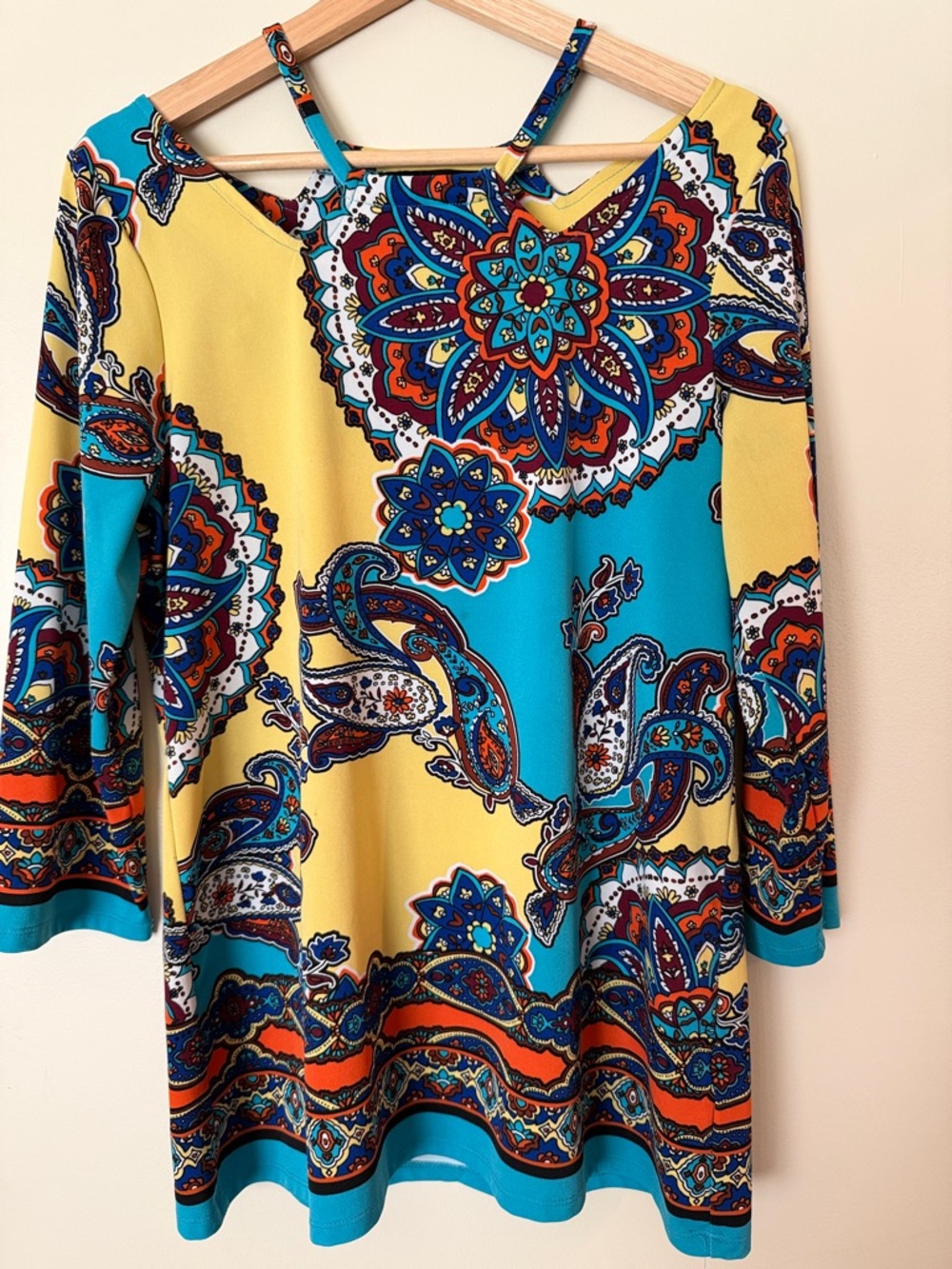 Boston Proper Yellow & Turquoise Paisley Print Cold-Shoulder Blouse